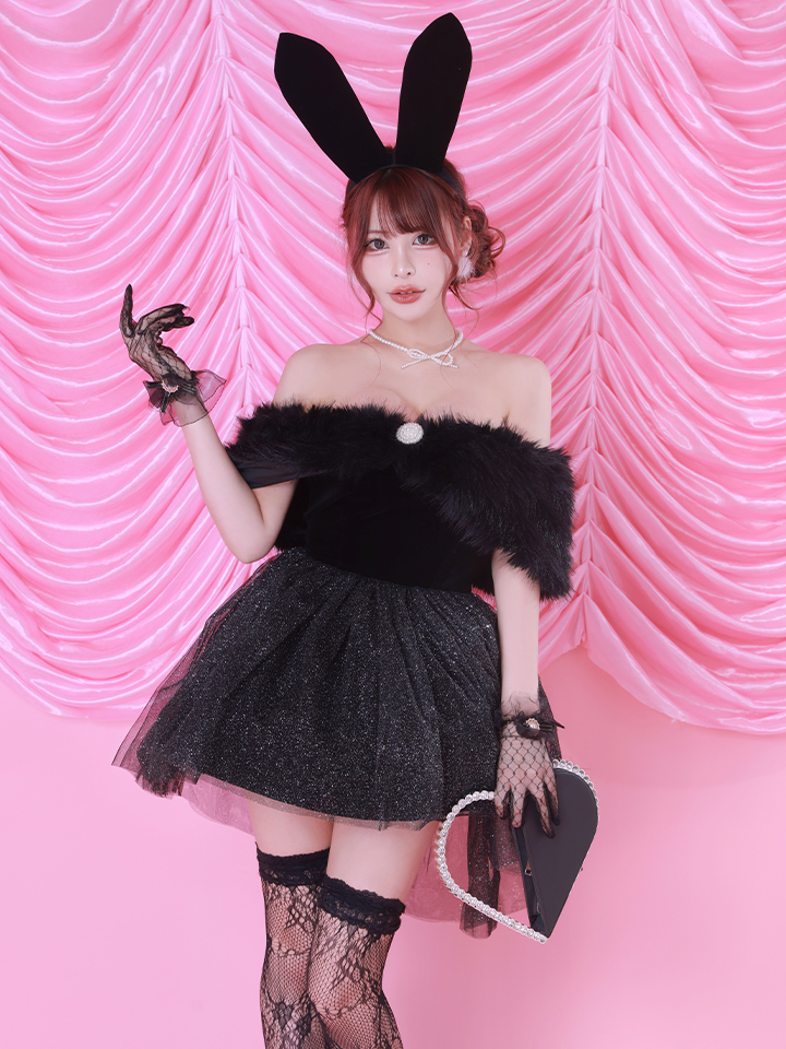 BUNNY CHAN HOUSE（バニーチャンハウス） コスプレ専門店  【2点セット】Mademoiselle Noble Bunny｜ブラック×ブラック 令嬢風オフショルチュールバニーコスプレ イメージ画像02