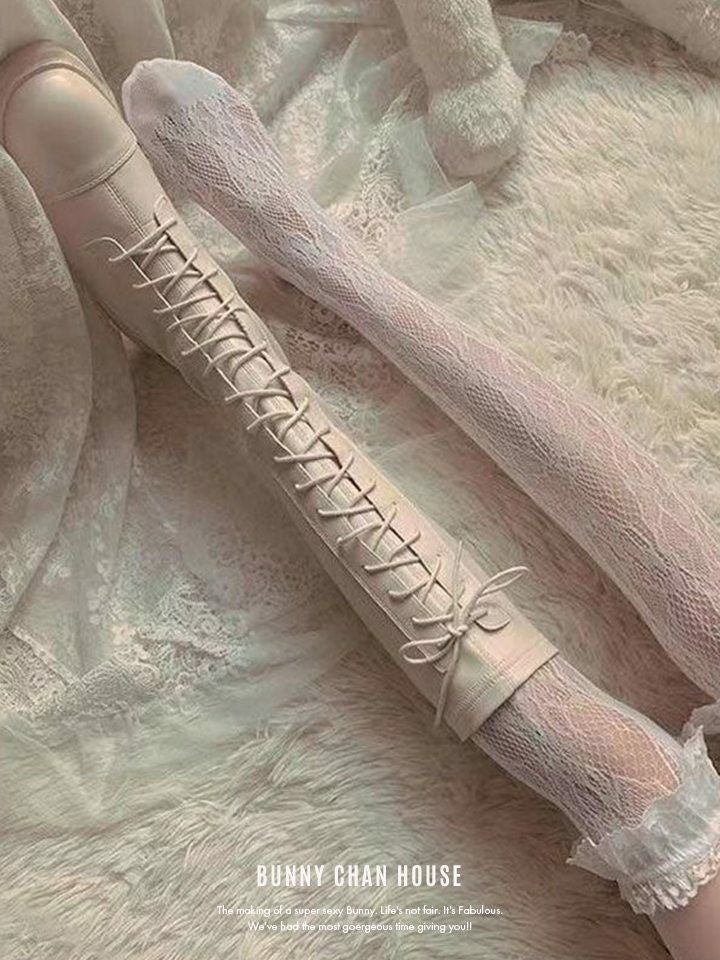 レース付きラッセルネット網タイツニーハイソックス ブラック・ホワイト vcsit-25062