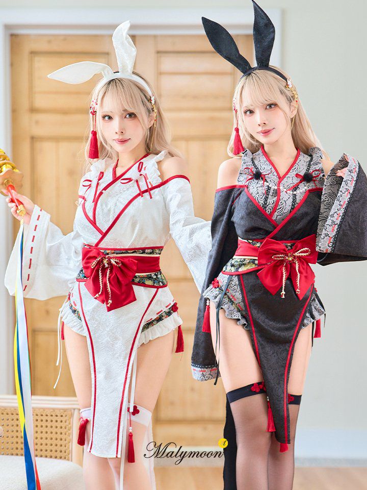 Malymoon マリームーン　ロングスリット巫女バニー　ブラック 即日発送】ロングスリット巫女バニー《オリジナルコスプレ9点セット