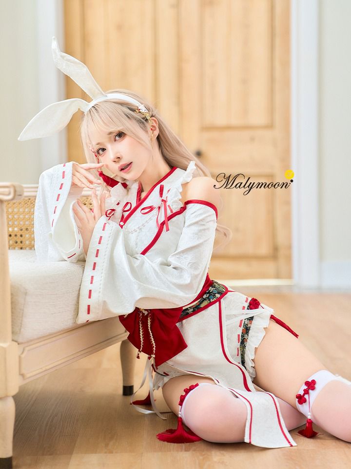 【9点セット】Malymoon マリームーン ロングスリット巫女バニー[ホワイト/ブラック] mlcs25176