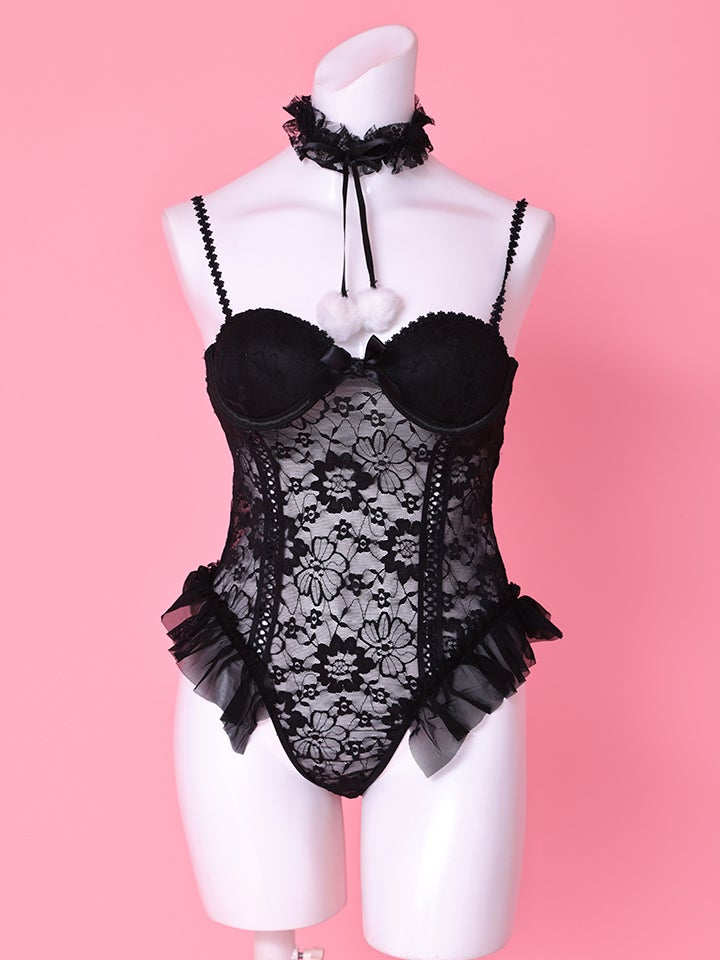 【4点セット】Lingerie Bunny ランジェリーバニー センシュアル 総レース テディ セクシーコスプレ ブラック vcsbn-6722-1