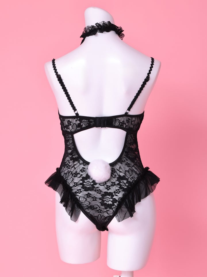 【4点セット】Lingerie Bunny ランジェリーバニー センシュアル 総レース テディ セクシーコスプレ ブラック vcsbn-6722-1