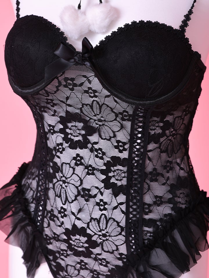 【4点セット】Lingerie Bunny ランジェリーバニー センシュアル 総レース テディ セクシーコスプレ ブラック vcsbn-6722-1