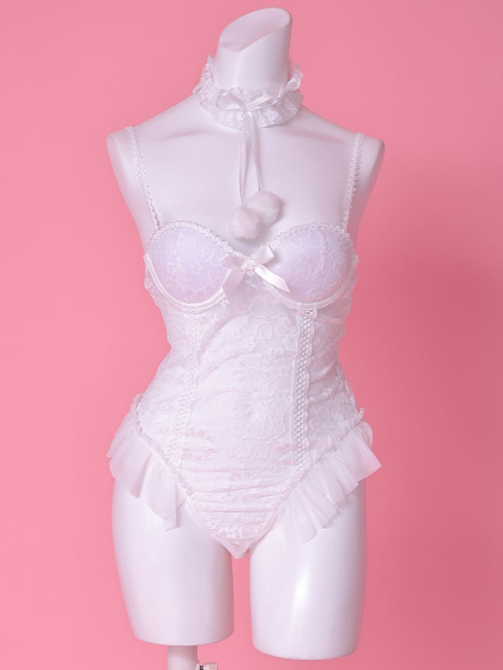 【4点セット】Lingerie Bunny ランジェリーバニー センシュアル 総レース テディ セクシーコスプレ ホワイト vcsbn-6722-2