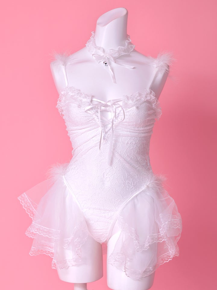 【4点セット】Lingerie Bunny ラブリー ランジェリーバニー セクシーコスプレ レーススカート 総レース 白 vcsbn-2665-2