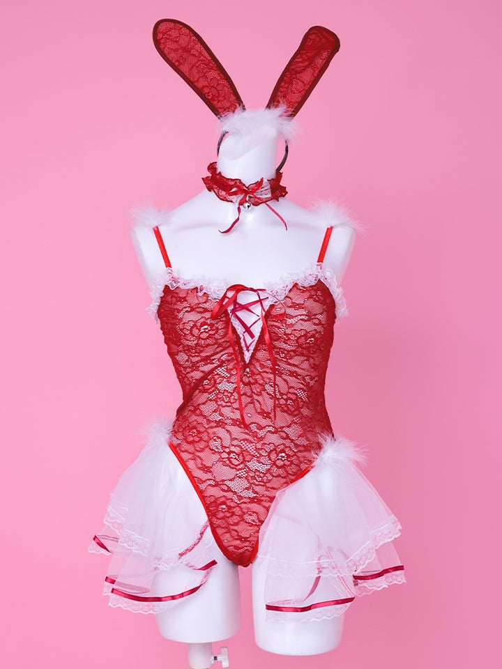 【4点セット】Lingerie Bunny ラブリー ランジェリーバニー セクシーコスプレレーススカート 総レース 赤 vcsbn-2665-3