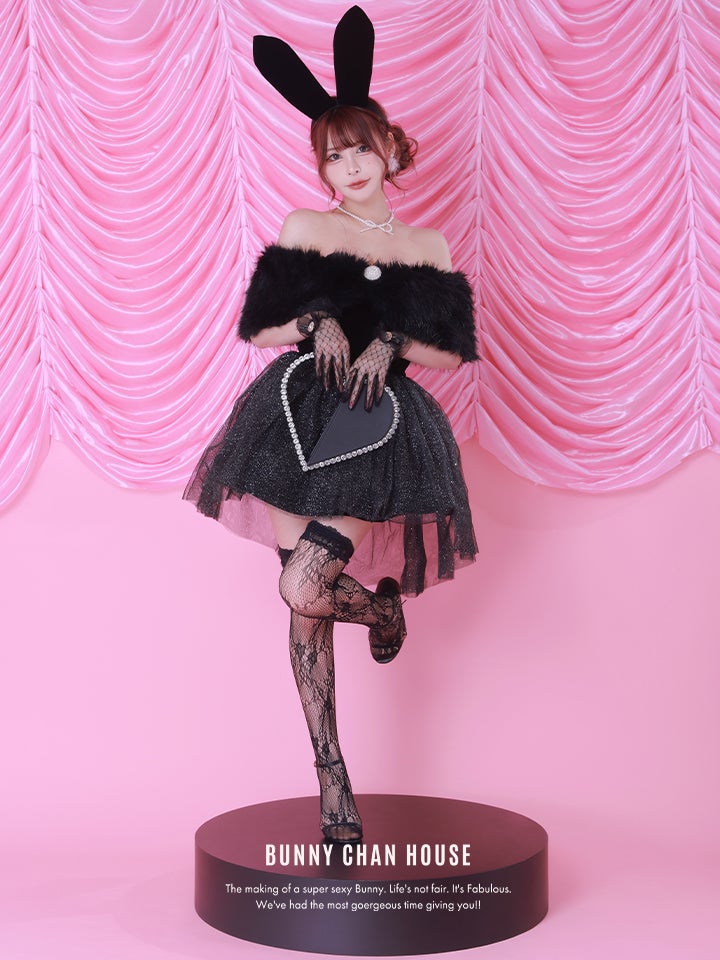 【2点セット】Mademoiselle Noble Bunny｜ブラック×ブラック 令嬢風オフショルチュールバニーコスプレ