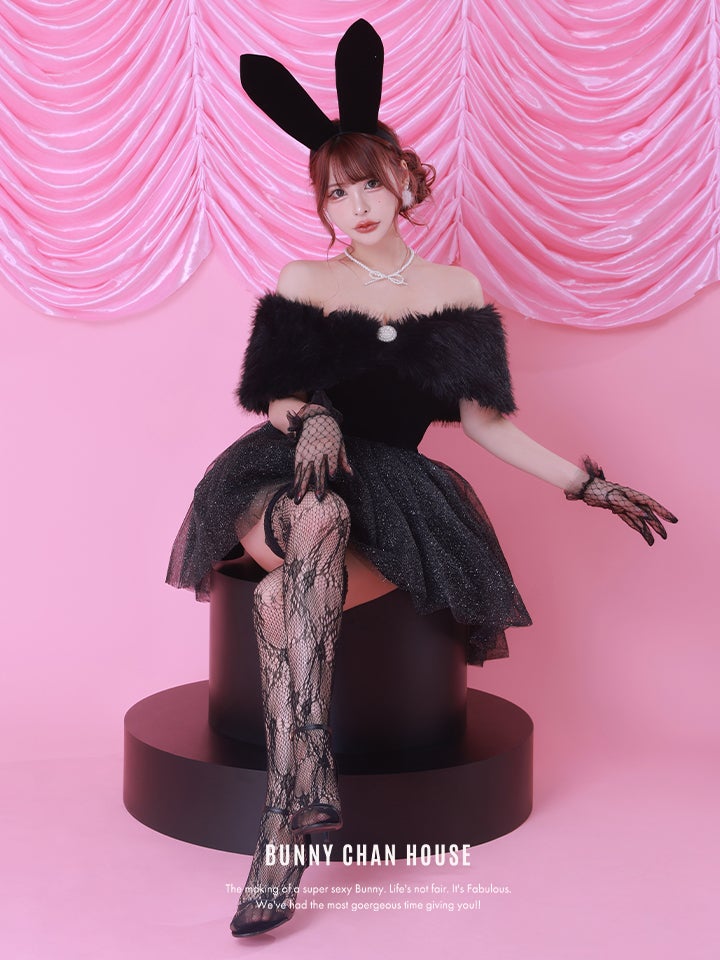 【2点セット】Mademoiselle Noble Bunny｜ブラック×ブラック 令嬢風オフショルチュールバニーコスプレ