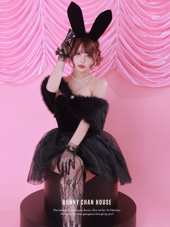 【2点セット】Mademoiselle Noble Bunny｜ブラック×ブラック 令嬢風オフショルチュールバニーコスプレ