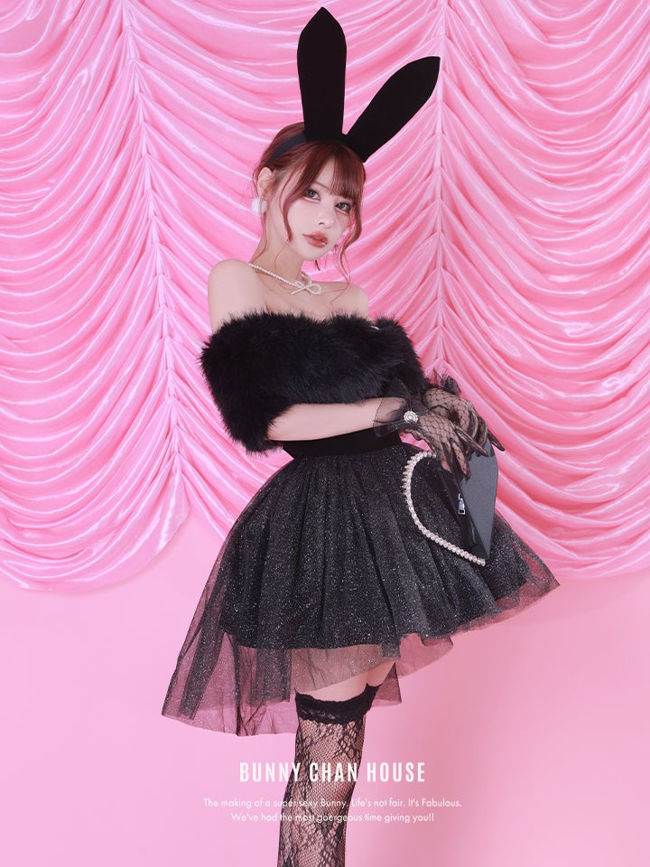 【2点セット】Mademoiselle Noble Bunny｜ブラック×ブラック 令嬢風オフショルチュールバニーコスプレ