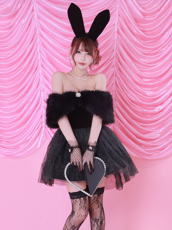 【2点セット】Mademoiselle Noble Bunny｜ブラック×ブラック 令嬢風オフショルチュールバニーコスプレ