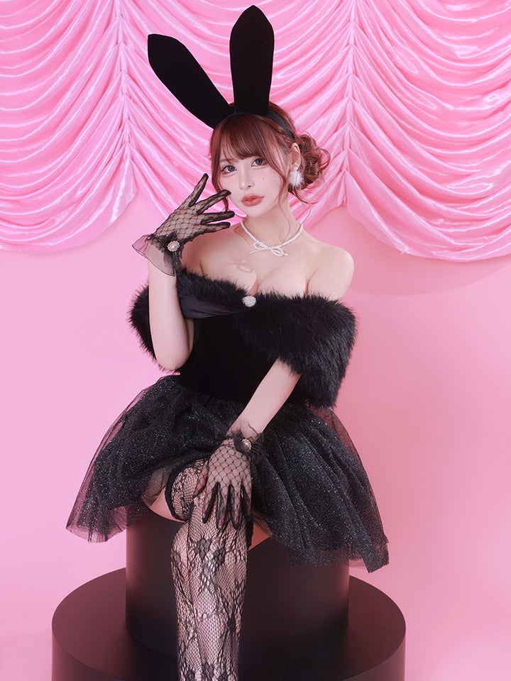 【2点セット】Mademoiselle Noble Bunny｜ブラック×ブラック 令嬢風オフショルチュールバニーコスプレ