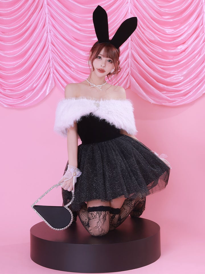 【2点セット】Mademoiselle Noble Bunny｜ブラック×ホワイト令嬢風オフショルチュールバニーコスプレ vcsbn-26010-2-ch